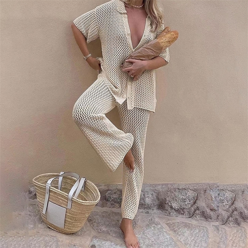 Suit Cover up Beach 2025 Knitted Hollow Out cardigan Top Straight Pants Sets Mesh HighWaist Bottoms Sexy Streetwear y250212