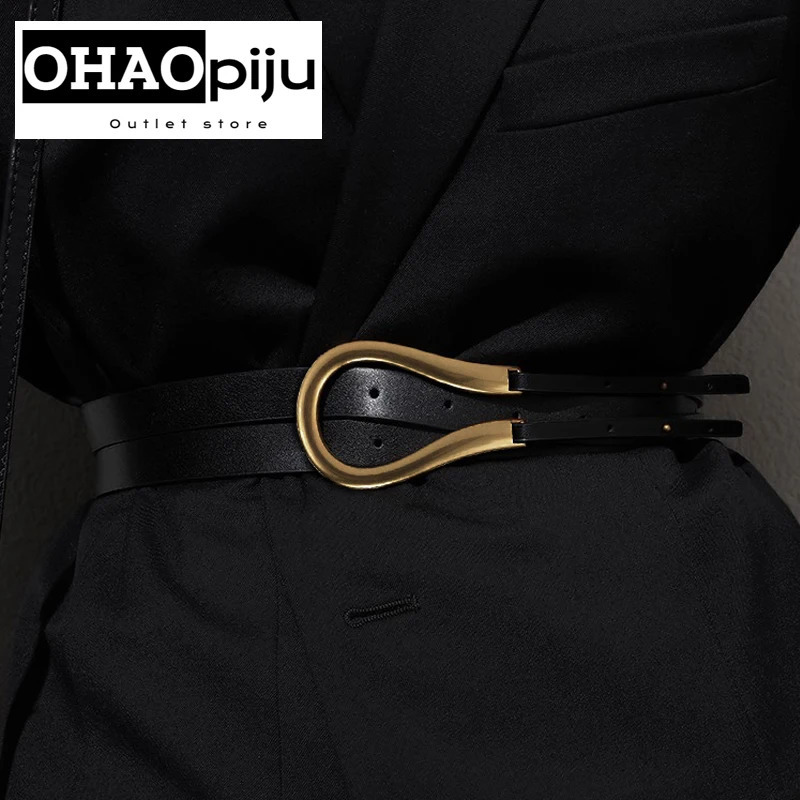 Genuine Leather Double Metal U Buckle Belt Cowhide Girdle High Quality Thin Belts Female Jeans Windbreaker Waistband 250221