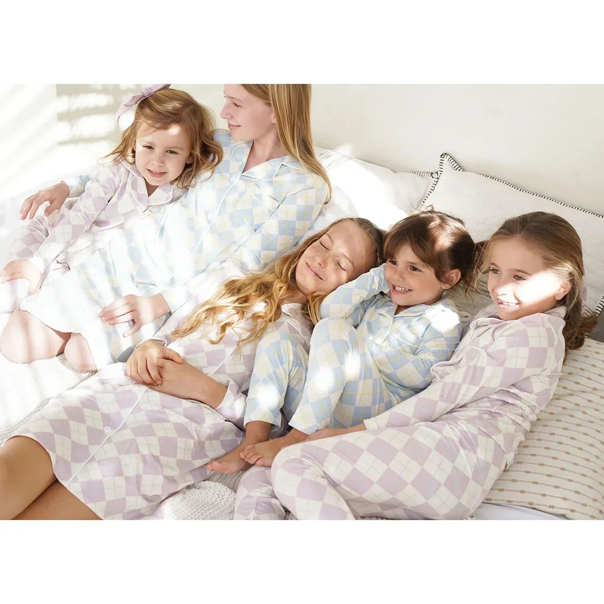 AP spring summer argyle plaid soft dress set footie pjs family matching clothing 250221