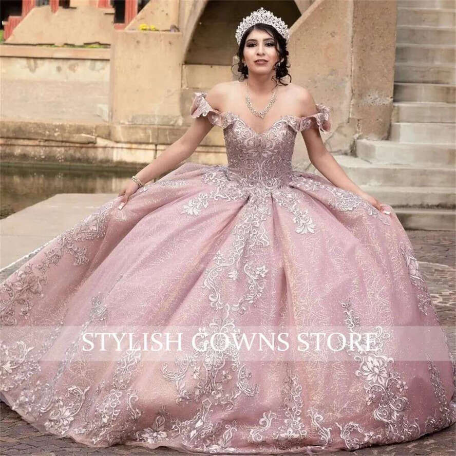 Mexico Pink 15 Years Old Quinceanera Ball Romantic Appliqued Off Shoulder Sweet 16 Graduation Dresses Evening Birthday Party Gown 0627