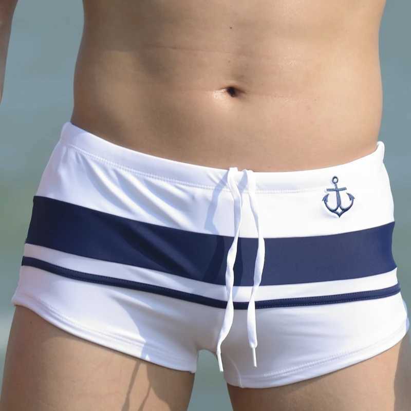 Swimwear Men Sexy Swimming Trunks Mens Boxer Waist Mosaic Swim Stripe Beach Board Shorts Suit Man Bikini Swimsuit BeachwearXJ250224