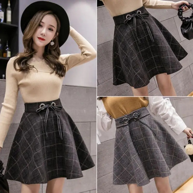 Woolen Plaid High Waist Skirt Women Korean Slim Mini A-line Lace up Ball Gown Skirt Autumn Winter Preppy Style Skort Female 250224