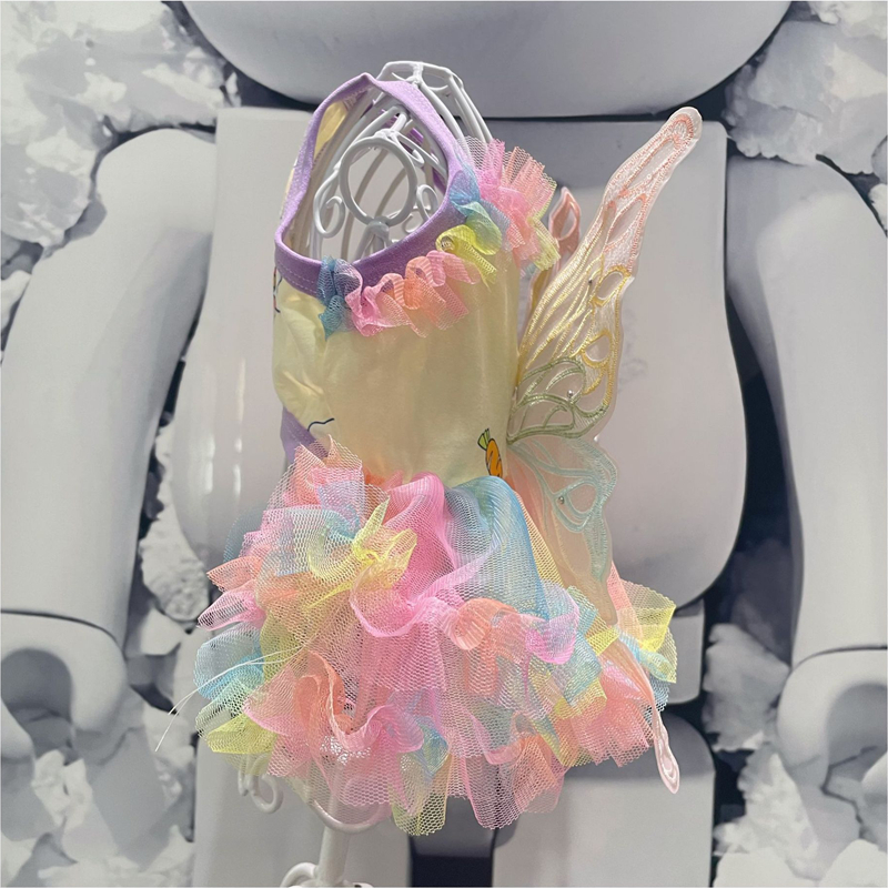 Pet Dog Dress with Big Butterfly Back Decoration, Summer Rainbow Gauze Skirt, Dog Bubble Dress, Suitable for Bichon, Yorkshire Terrier, and Small to M