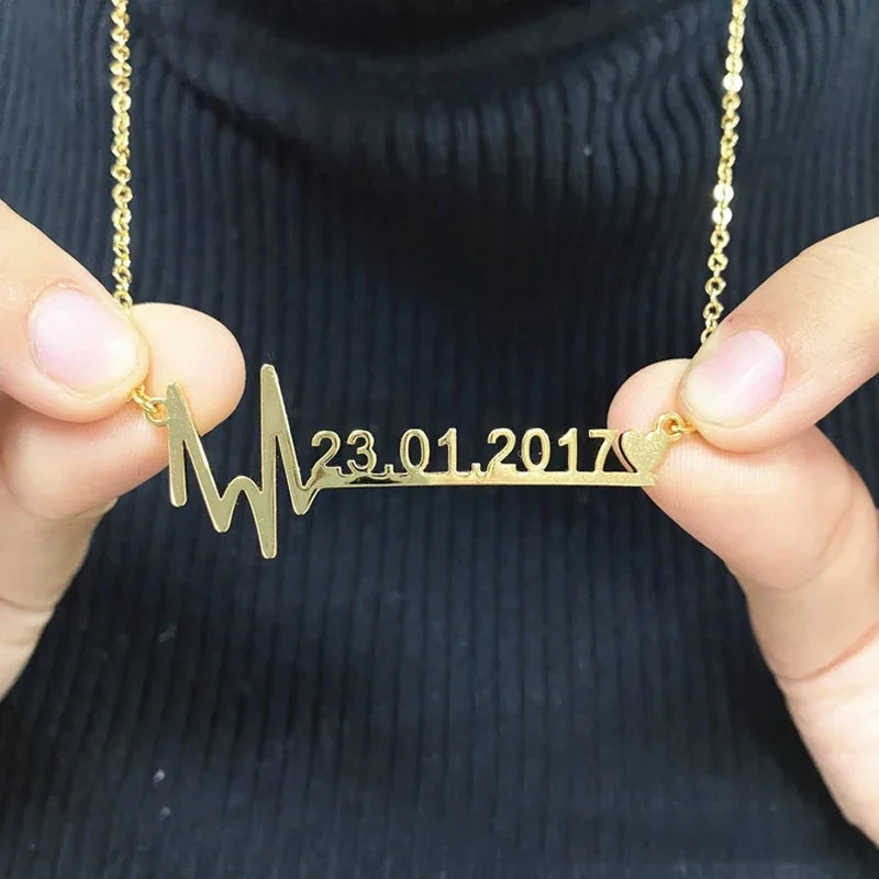 Custom Name Heartbeat Date Necklace Stainless Steel Jewelry Birthday Gift for Wife Lucky Numbers Pendant Women Chokers 250117