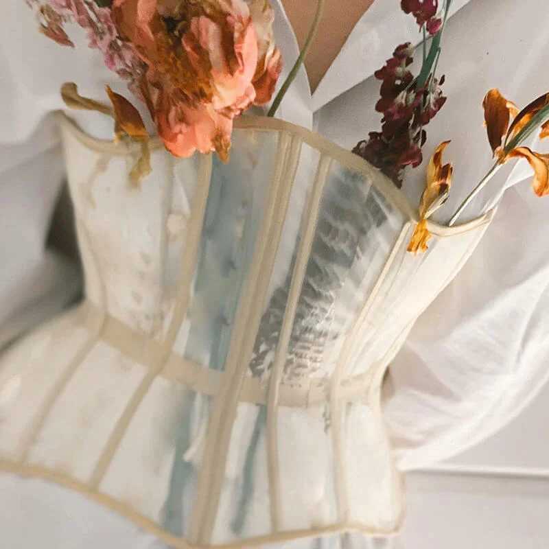 New Arrival Corset Net Mesh Fishbone Waist Belt Womens Chest Showing Ultra Short Tunic Tank Top Wearing Sexy Lace up Casual Top Z250225