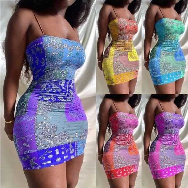 Summer womens fashionable printed spaghetti strap dress casual beach dress simple no velvet club ultra-thin body party short skirt miniXJ250224