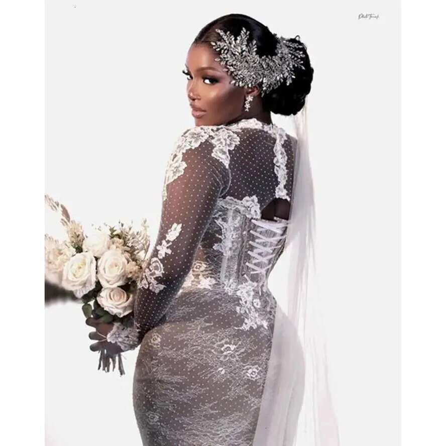 Pcs Sleeve One Long Mermaid Wedding Dresses Full Applique Abito Da Sposa Vintage Lace-Up Corset African Aso Ebi Bridal Dress Gown