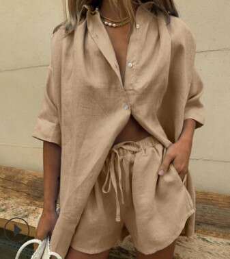 Summer New Women's Solid Color Single Breasted Short Sleeved Shirt Two-Piece Set With Wide Leg Pants And Lace Up Shorts
