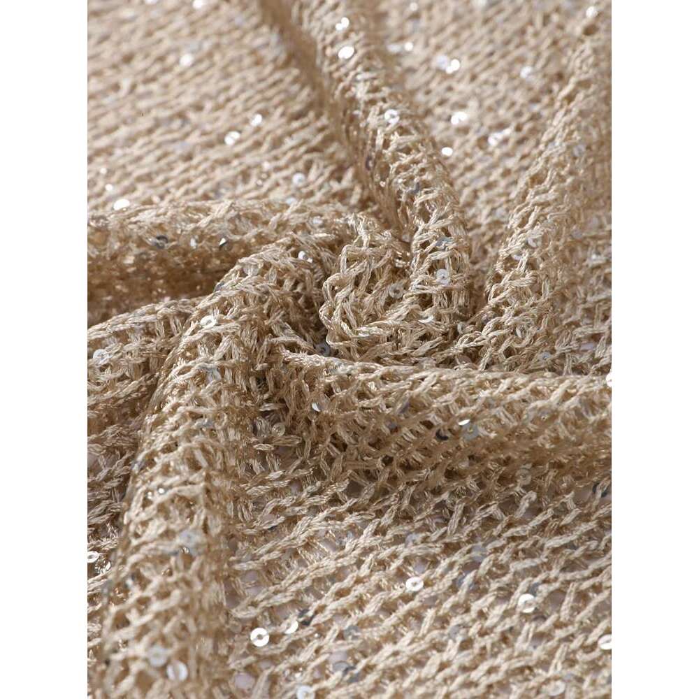 Women's Wear Fashion Sequin Knitted Hollow Out Pullover For Women See Through Elegant O-Neck Loose Long Sleeve Sweater Spring Female Chic Top