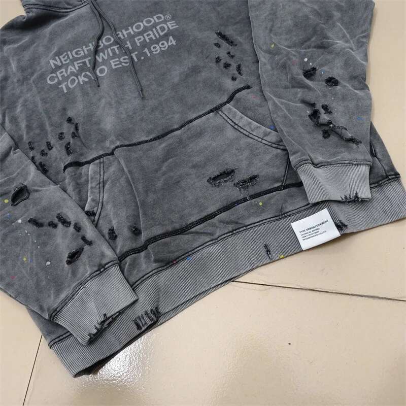 High quality retro washed ink splattered NBHD hoodie with Hole Damage design, loose and casual neighborhood sweatshirt
