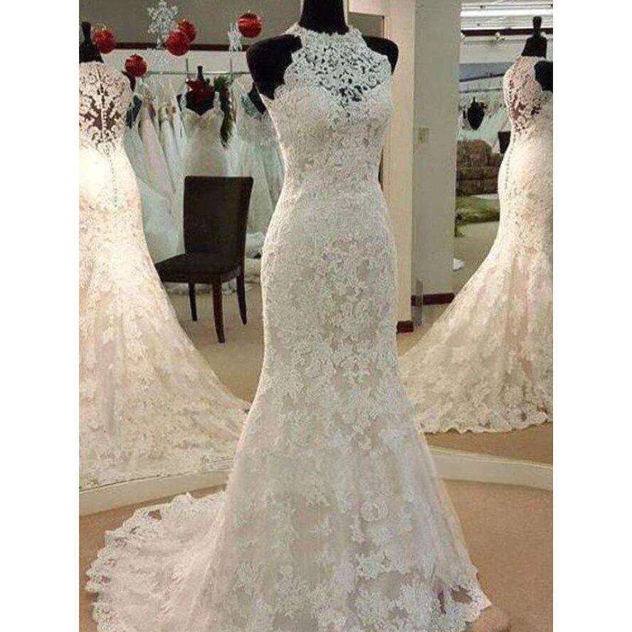 High-Neck Mermaid Wedding Vestido De Noiva Sexy See-Though Back Court Train Formal Bride Dresses Plus Size Bc01201