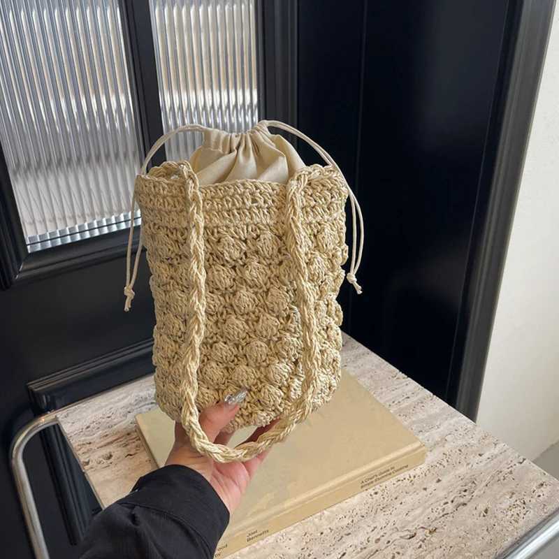 Handmade Woven Bucket Bag for Women Bohemian Shoulder Bags Knitted Summer Straw Beach Bag Female Round Cut Out Handbags