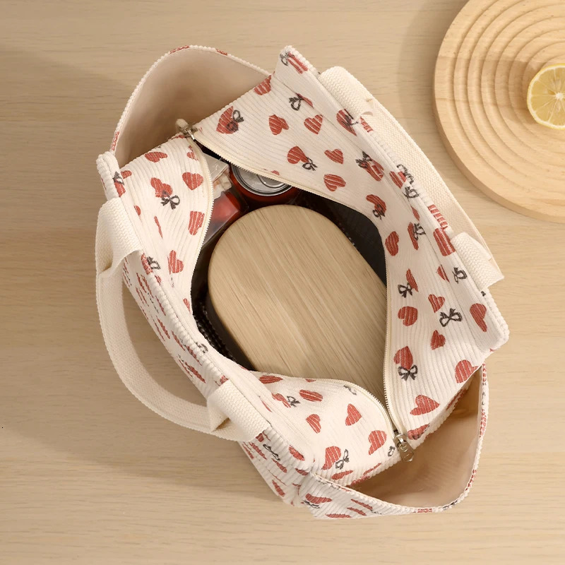 Corduroy Lunch Bag Thermal Insulation Lunch Box Storage Handbag Multifunctional School Cooler Bag Picnic FoodPouch 250224