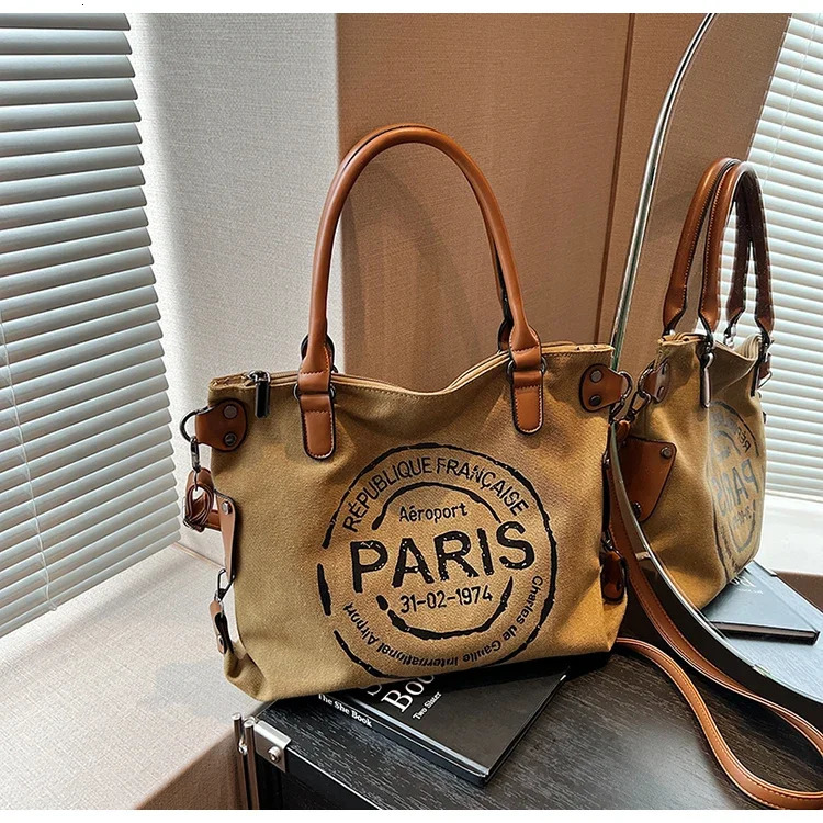 Large Retro Canvas Tote Bag Adjustable Shoulder Strap Vintage Paris Stamp Print Stylish Crossbody for Women 250221
