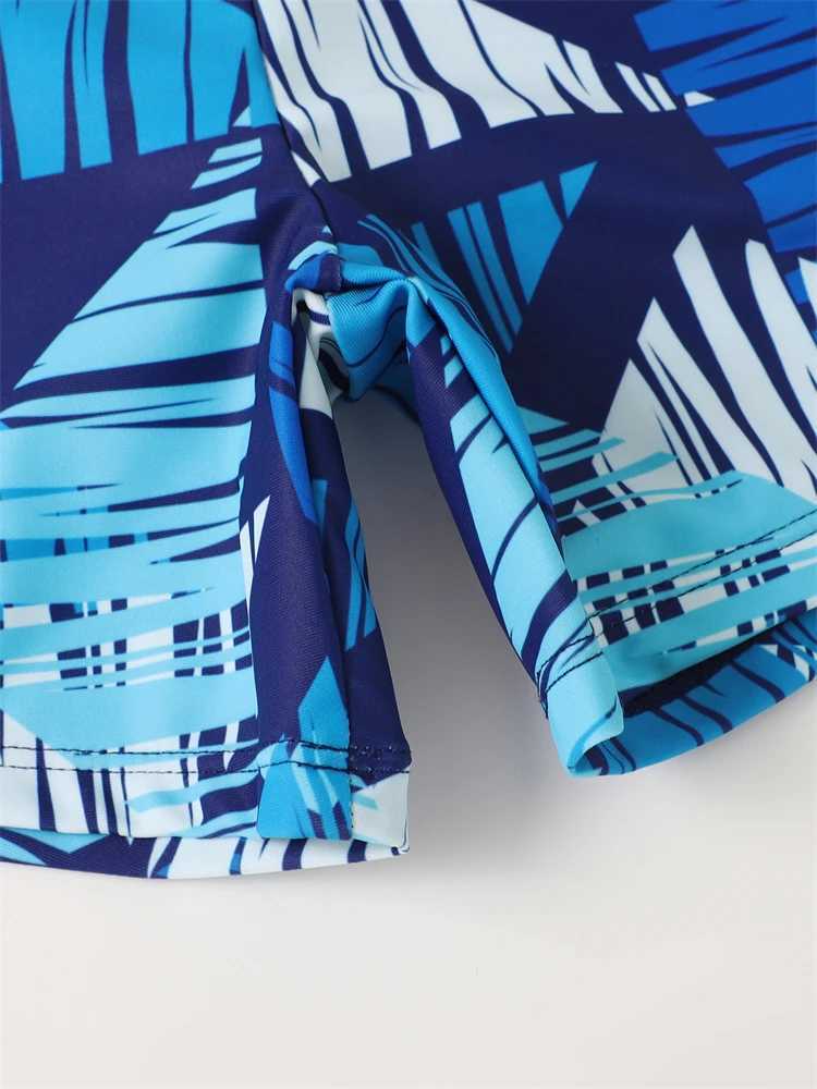 Boy Swimsuit 2025 New Blue Print Short Sleeves Childrens Swimwear Two Piece Summer Kids Shorts Beach Wear Swimming Bathing Suit X250224