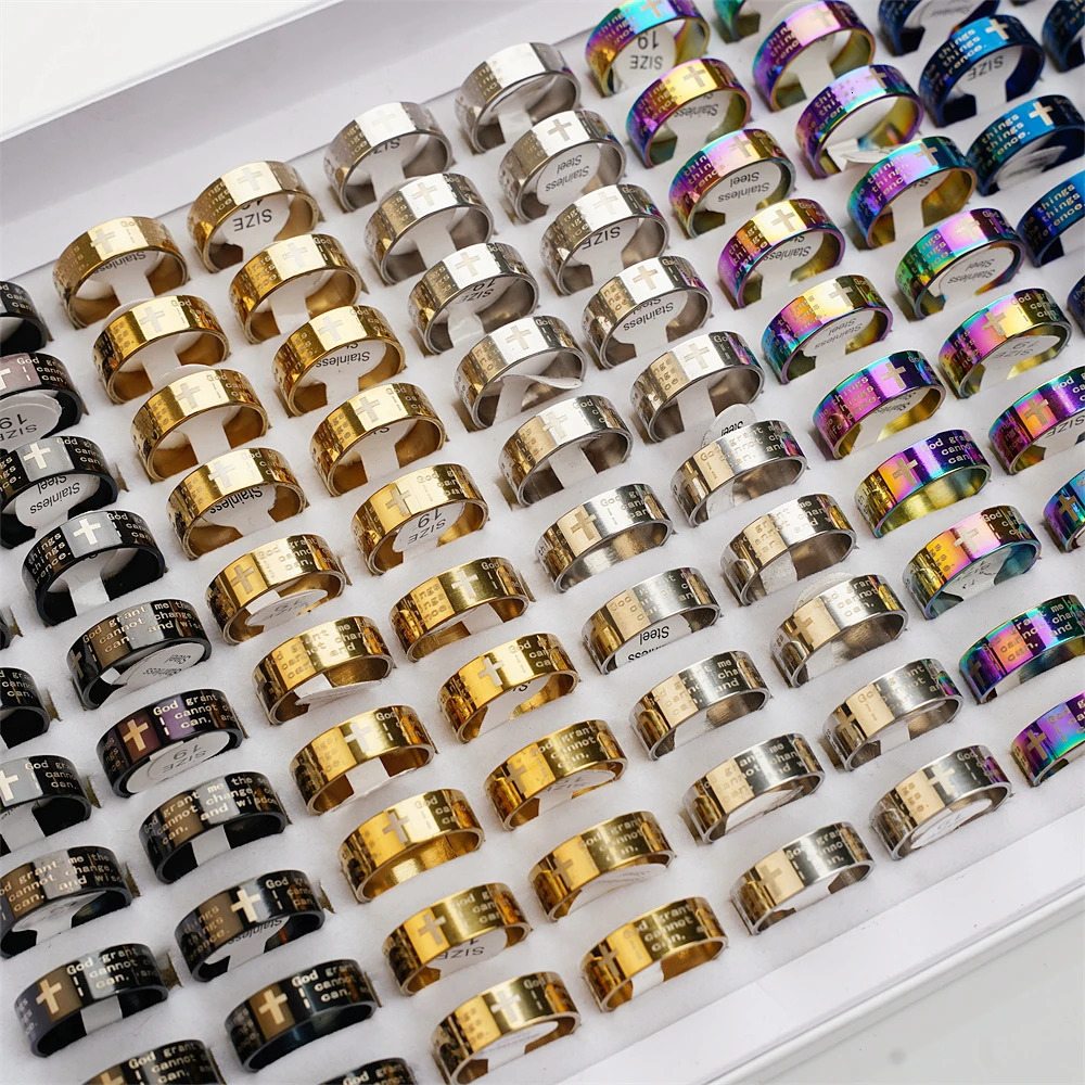 50Pcs/Lot Jesus Love Christianity Bible Cross Faith Pray Stainless Steel Ring Jewelry For Women Men Believer Mix Color Wholesale 250218