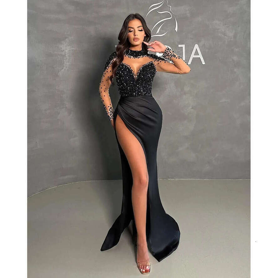 Fashion Black Mermaid Evening Dress Sheer Illusion High Neck Full Sleeves Beaded Sequine Formal Party Gowns Prom Dresses For Women Robe De Soiree