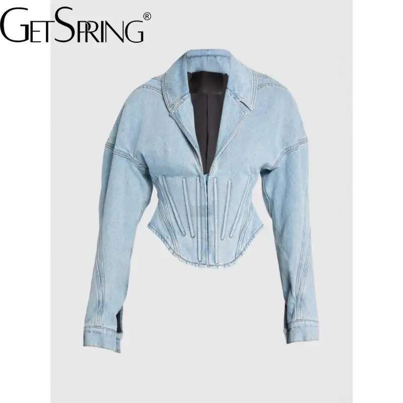 Getspring Women Jacket 2025 Spring Vintage Long Sleeve Fishbone Slim Fit Blue Short Denim Coat All Match Fashion Jean Tops