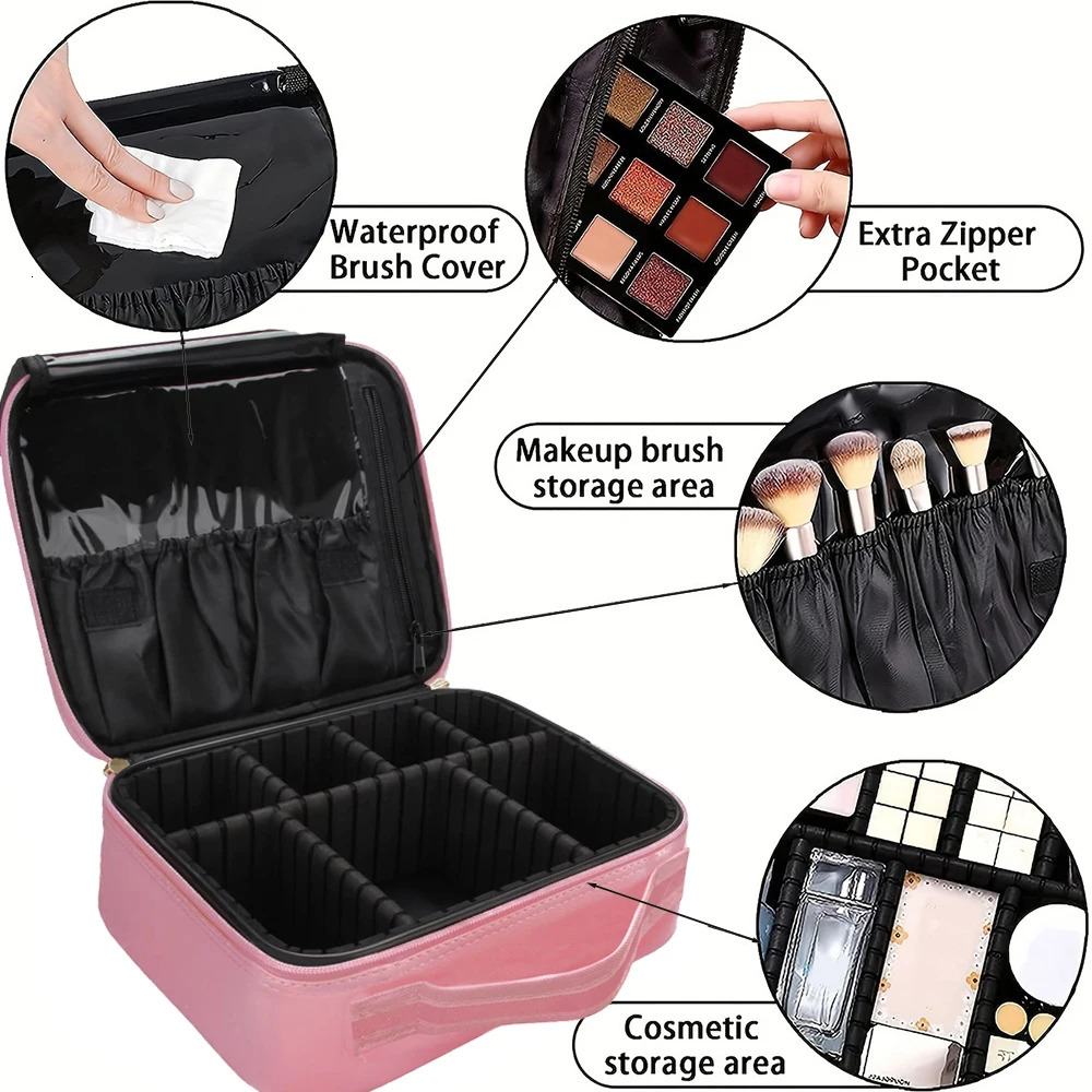Gold letter print and pink case with adjustable divider travel makeup bag large professional portable makeup organizer 250224