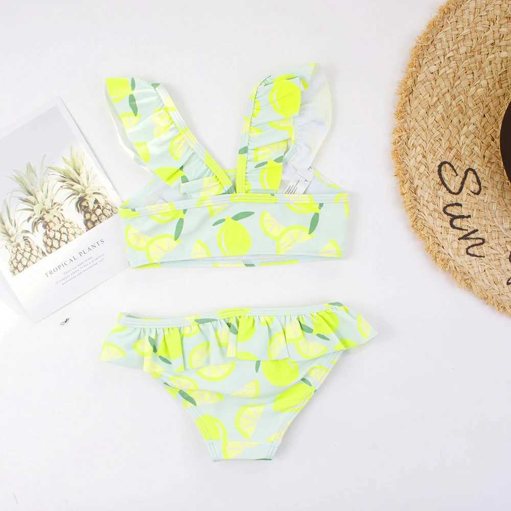 Ruffle Lemon Print Baby Kids Swimwear Swimsuit Summer Beach Cute Girls Kids Bikini Set 3-8Years Outdoor Children Swimming Suit X250224