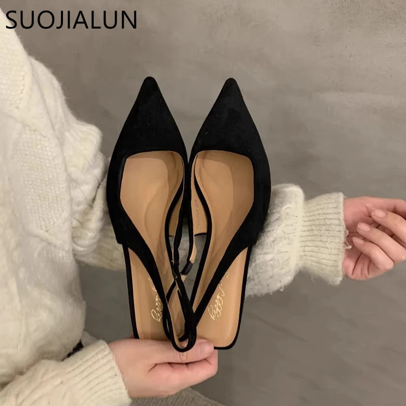 SUOJIALUN 2024 Spring Women Sandal Fashion Pointed Toe Shallow Slip On Dress Mules Shoes Thin Low Heel Slingback Sandal 250224