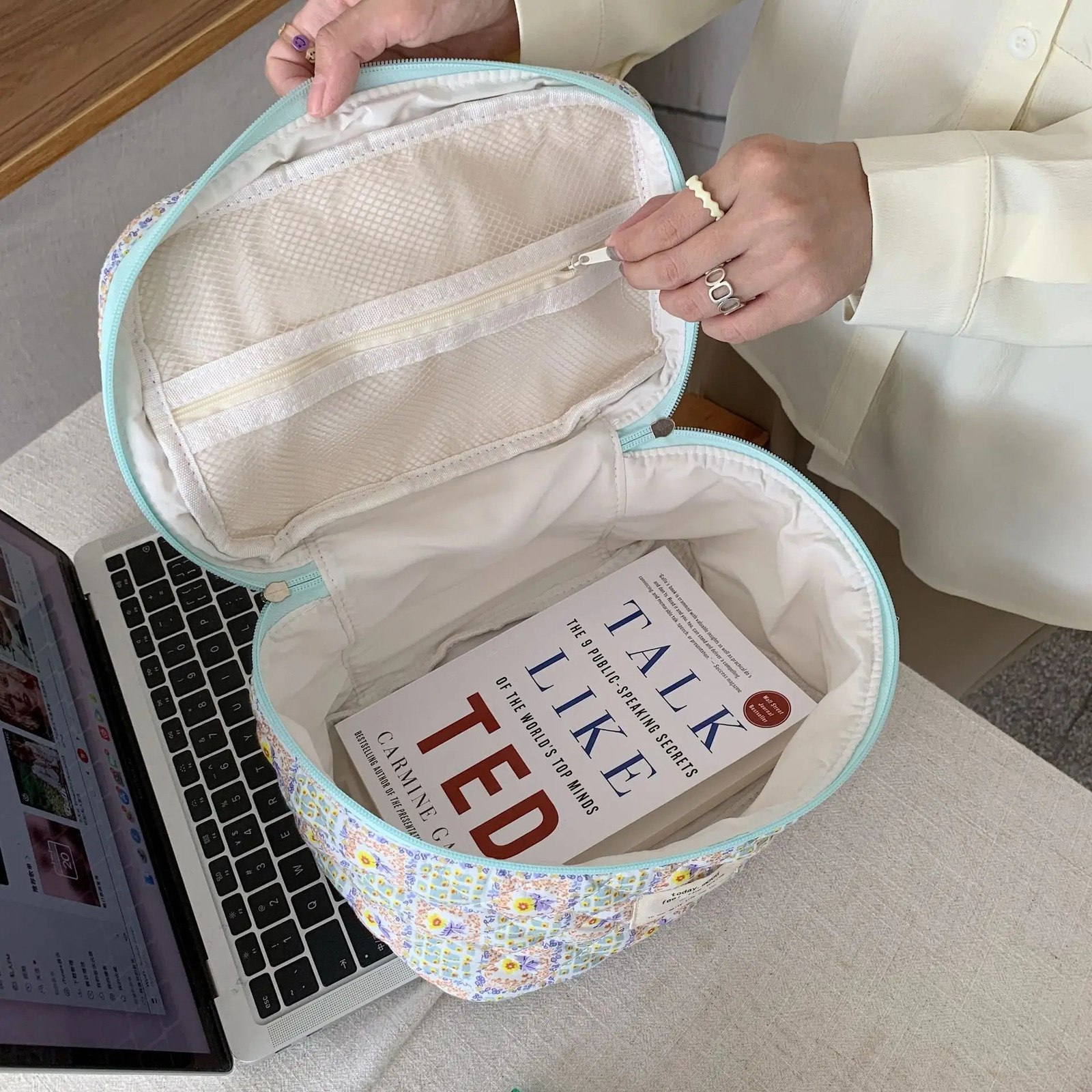 Cute Quilting Cotton Makeup Bag Women Zipper Cosmetic Organizer Travel Essentials Pouch Handbag Box Shape Ladies Toiletry Case 250224