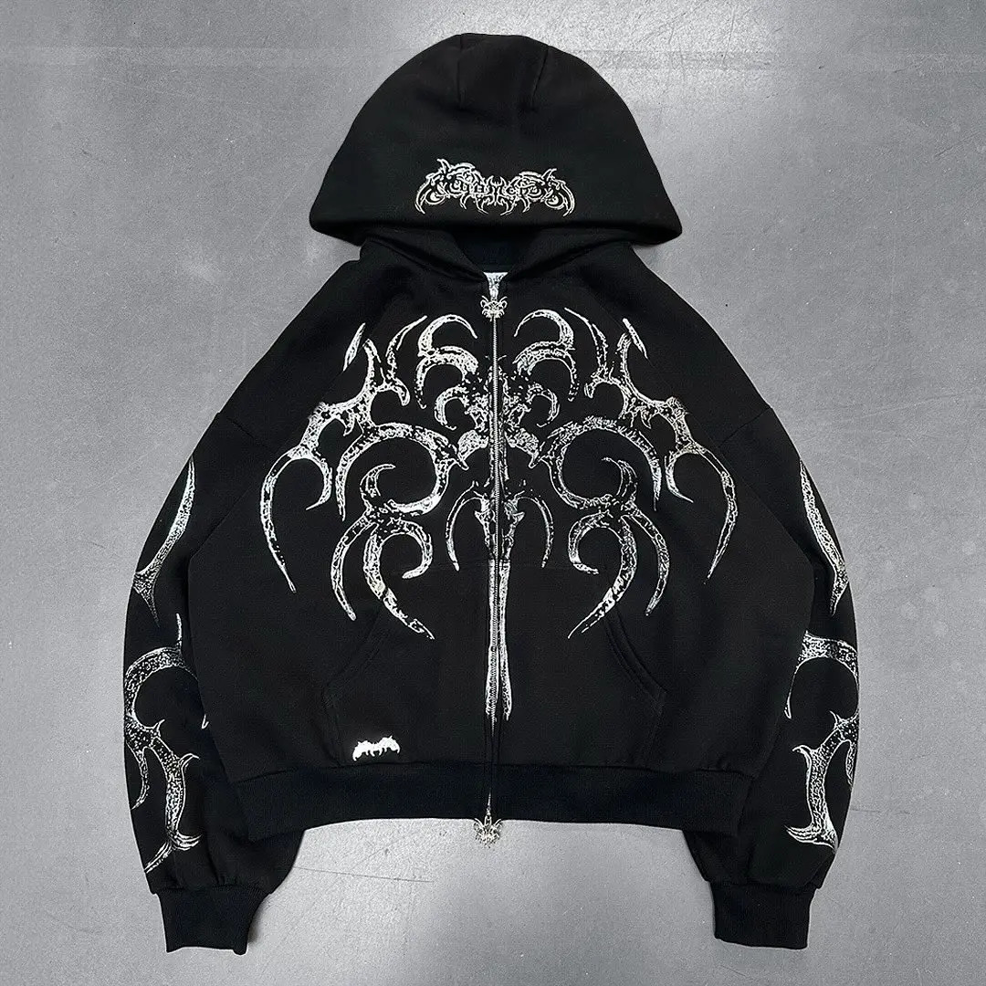 Y2k Gothic Style Mens Suit Black Print Zipper Hooded Sweatshirt Simple Cotton Hip Hop Large Size Loose Print Jogger Pants Unisex 250225