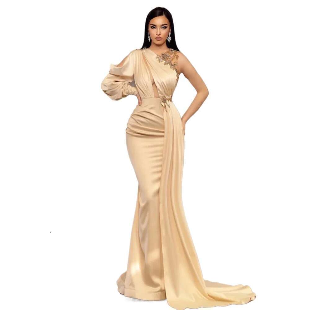 Champagne pleated a long sleeve to the floor elegant prom dress formal occasion sexy summer dresses