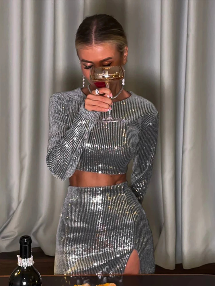 Fashion Sequins Womens Two Pieces Set Elegant O Neck Full Sleeve Crop Tops Hip Package Split Mini Skirt Lady Glitter Party Suit 250224
