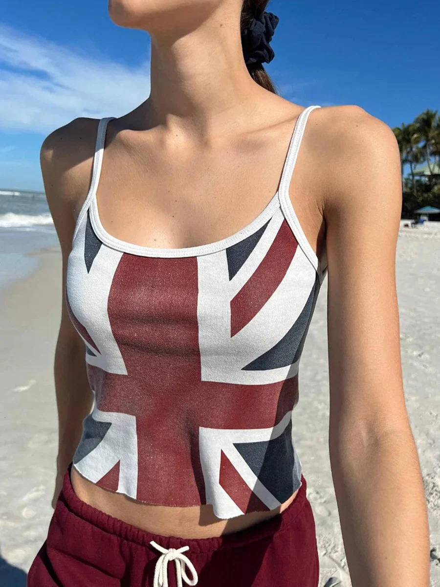Women Spaghetti Strap Union Jack Cami Top Sleeveless U Neck Low Cut Basic Fitted Crop Tank Top British Flag Print Camisole Vest 250225