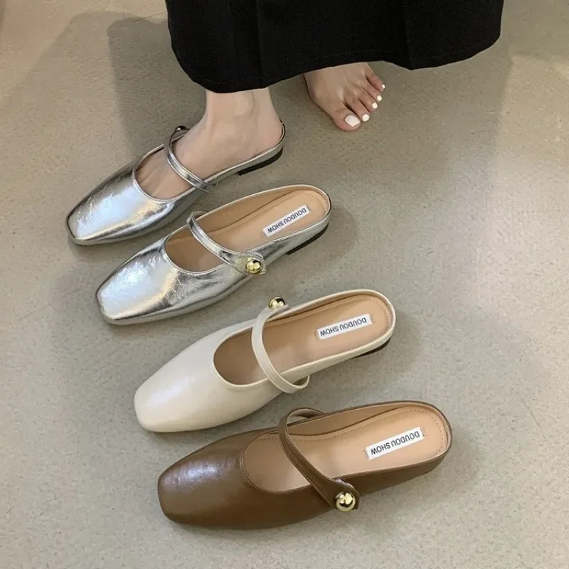 Soft Leather 2024 Ins Silver Buckle Strap Casual Shoes Fashion Flats Elegant Glitter Metallic Mules Shoes Cover Toe Slippers250225