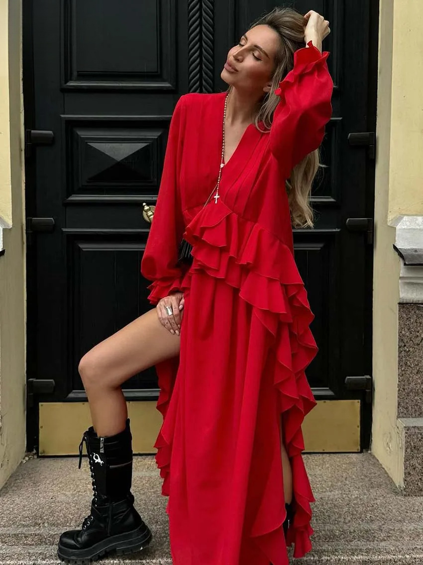 Fashion Red Loose Women's designer clothing Elegant Ruffled V-Neck Long Sleeve Dresses Casual Side Slit Ankle-Length Dress Streetwear