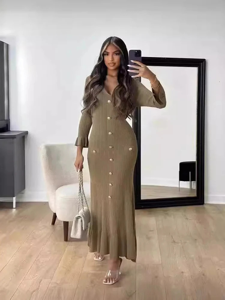Elegant Knitted Long Dress Women Flare Sleeve V Neck Ruffles Single Breasted Bodycon Dresses Party Fashion Office Lady Dresses 250222