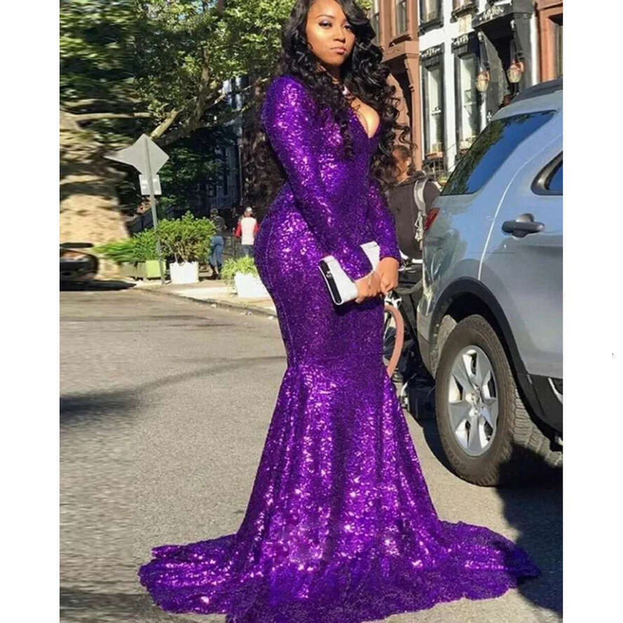 Sequins Glitter Mermaid Evening Dress V Neck Black Girl Purple Long Sleeves Women Formal Plus Size Prom Birthday Party Gown Robe De Soiree