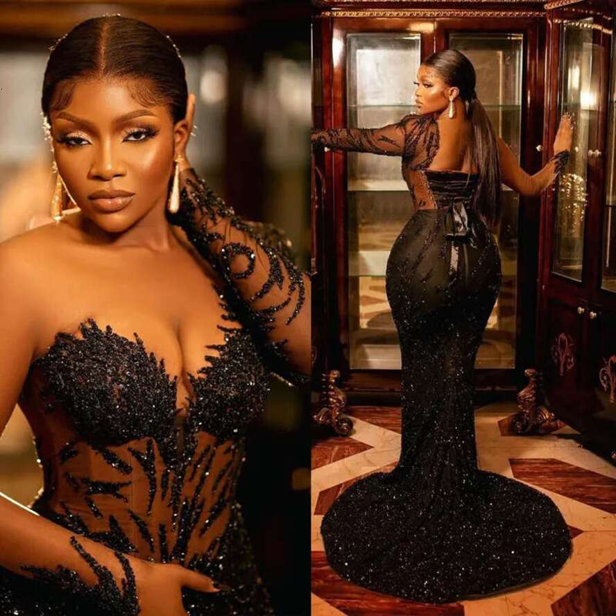 Mermaid Aso Ebi Prom Dresses Gitter One Shoulder Black Sparkg Beaded Sequined Modest Sexy Evening Dress Second Reception Gowns Party Club Formal Appli
