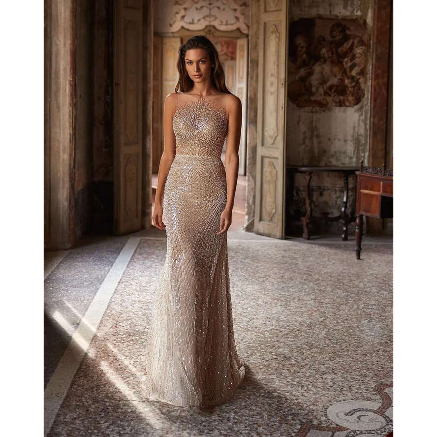 Evening Sparkly Women Dresses Sheer Neck Sleeveless Prom Gowns Sequins Sweep Train Dress For Party Custom Made Robe De Soiree