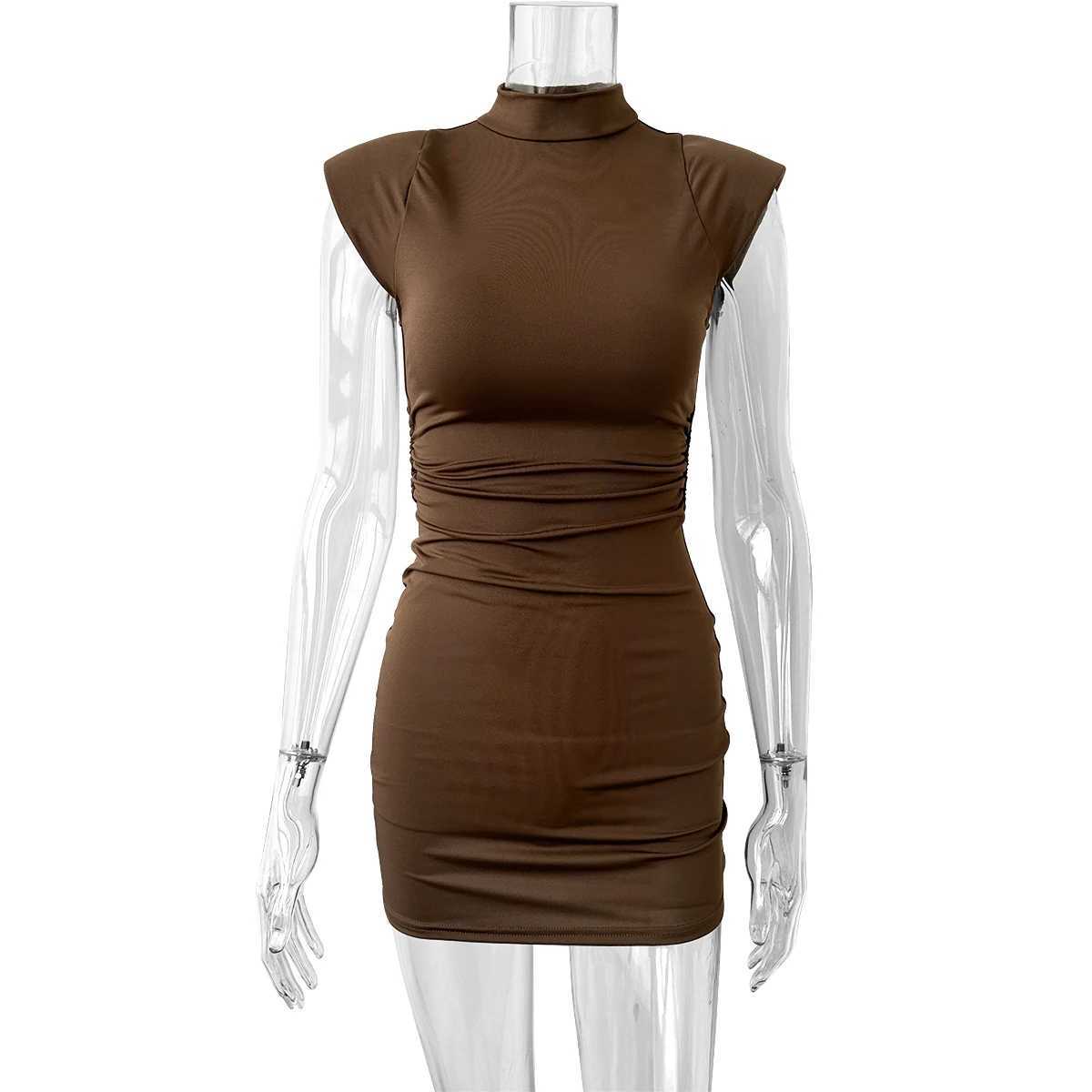 Sexy Half High Neck Pleated Slim Fit Wrapped Hip Dress Summer New Solid Color Simple Fashion Spicy Girl Mini DressXJ250224