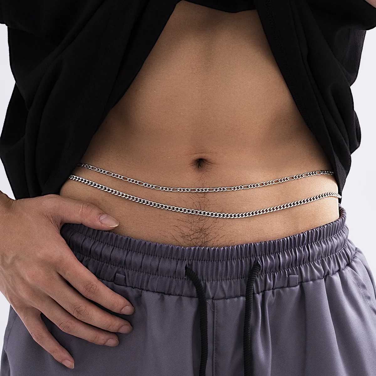 Mens Simp Double layer Metal Wire Waist Chain Metal Abdominal Muscle Body Chain Jewelry Stainless Steel Chain Waist PunkXJ250224