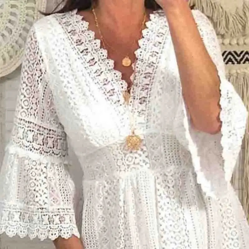 Fashion Hollow Out Sexy Lace Dress for Women Summer Short Sleeve White Party Dresses Knee Length Evening Dress Robe 28307 250222