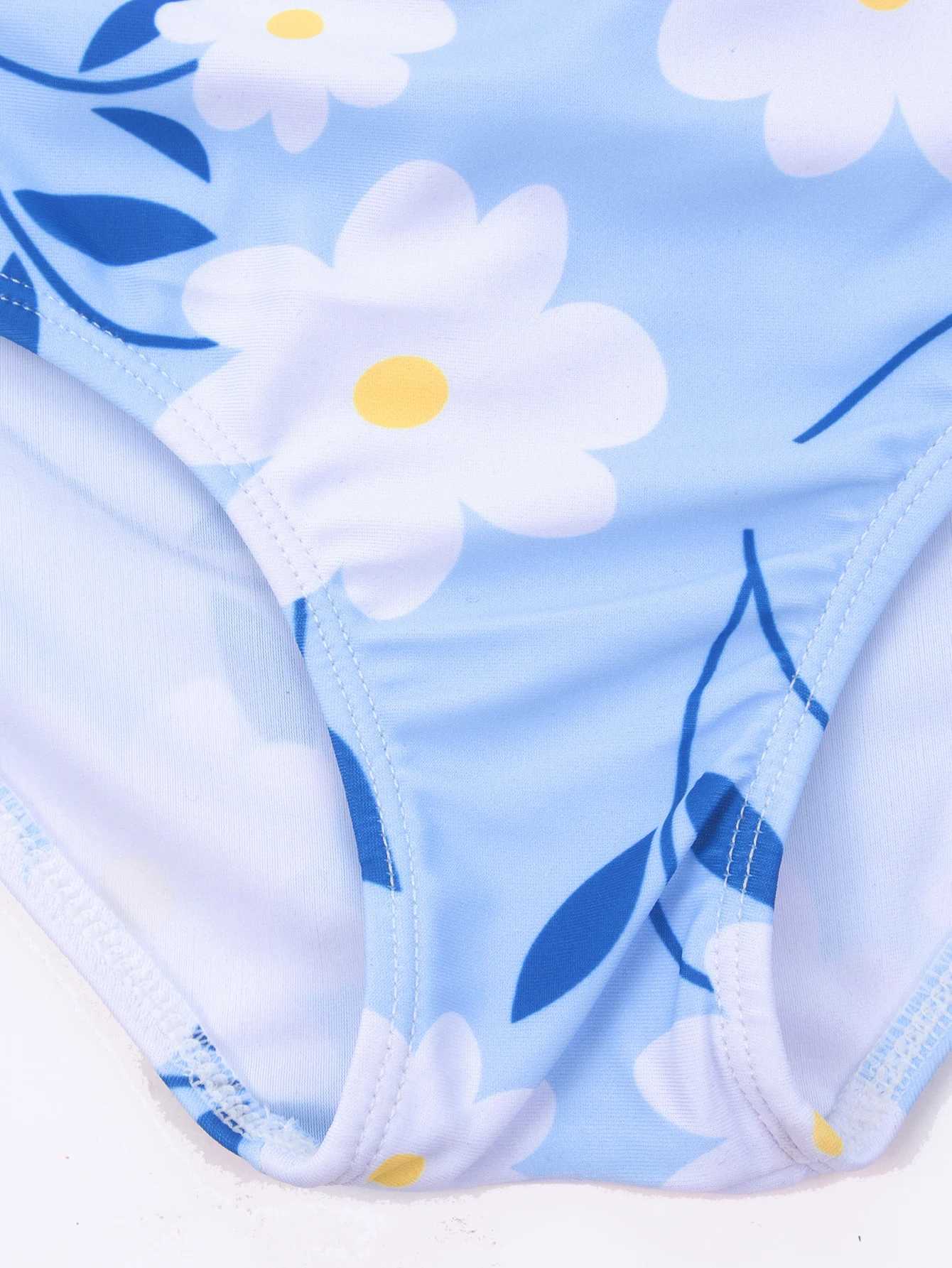 Flower ruffled high stretch beach girl childrens swimsuit high waist swimsuit childrens vacation bikini set X250224