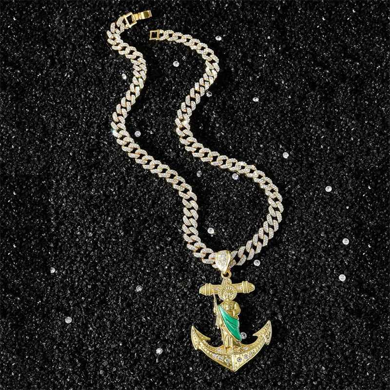 Hip Hop Saint Jude necklace with anchor pendant mens out crystal Cuban chain Hiphop fashion religious jewelry X250224