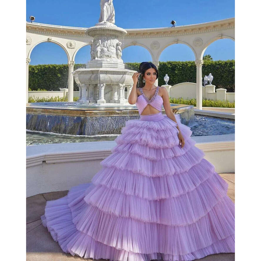 2024 Lavender Tulle Tiered Ruffle Evening Dresses: Deep V Neck Beaded Sleeveless Prom Party Gowns