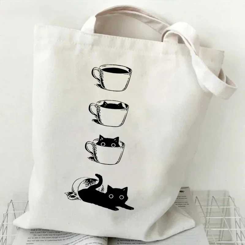 FAshion Canvas Tote Bag Cup of Black Print Large Capacity Teen Shoulder Shopping Bag Cartoon FAshion Kitten Womens Handbags Z250224
