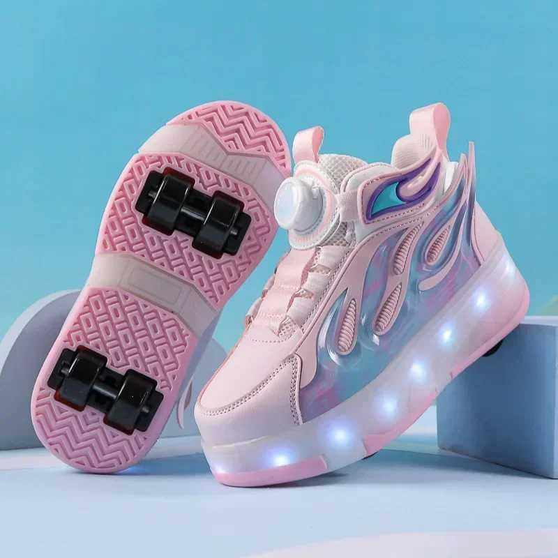 Roller Sneakers Kid Sport Gym Footwear Roller Skates 4 Wheels USB Charge Illuminated Shoes Boys Girls Casual Skateboard Shoes W250225