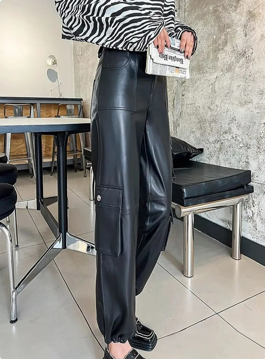 Adjustable hems wide leg leather pants for Women genuine leather pants Sheepskin loose safari style Radish pants Y4443 250224