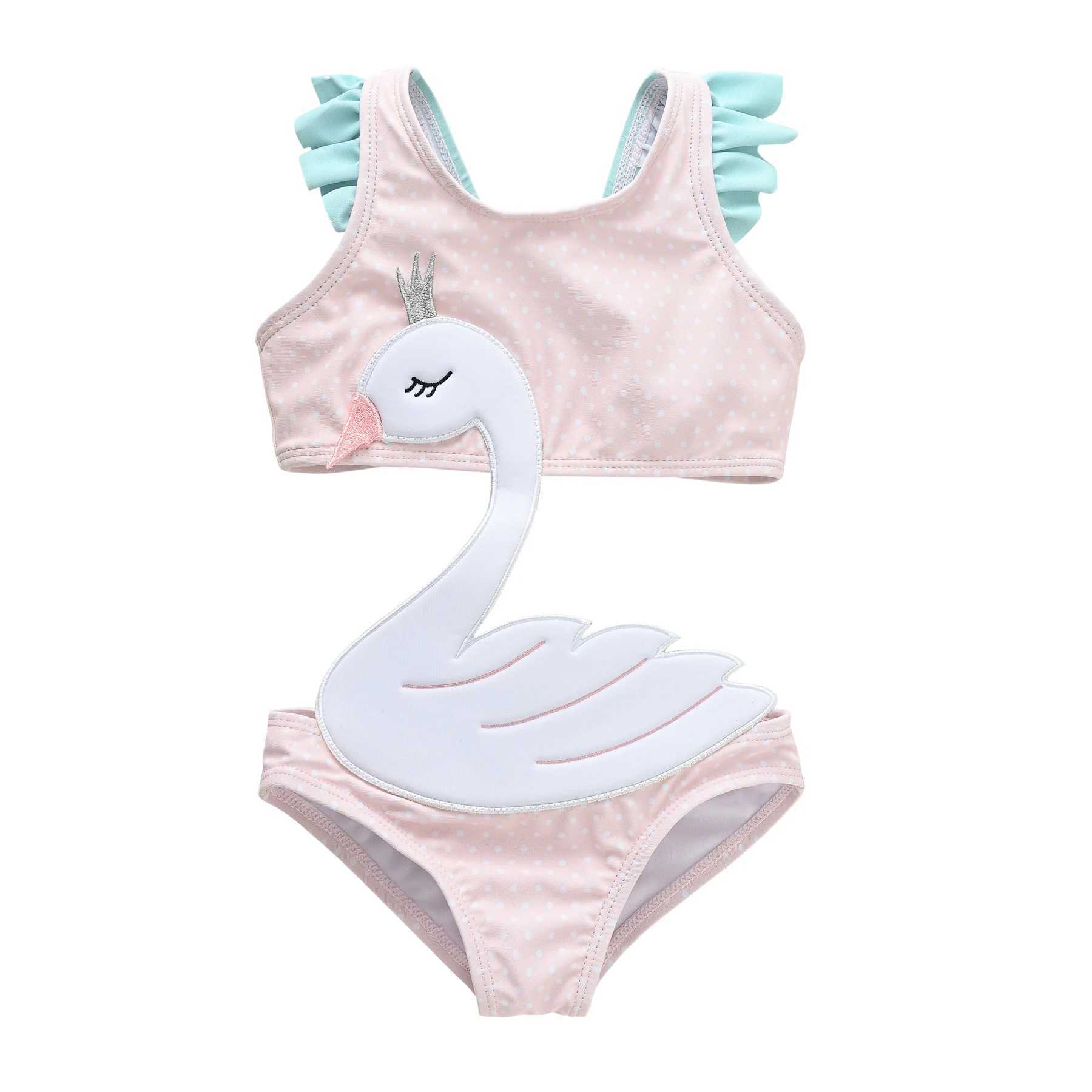Pink Swan Belly Protection Whole Swimsuit Girls Swimwear Baby CHIld Infant CHIldren Teen Kids cartoon Bathing Suit X250224