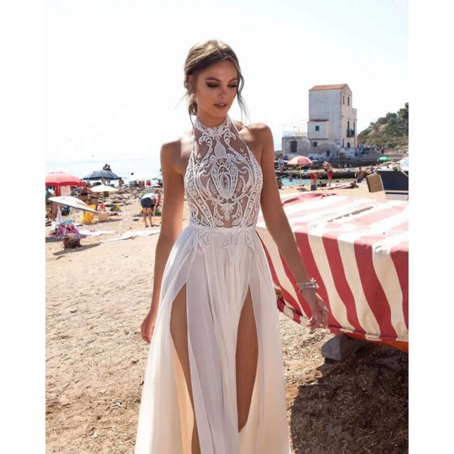 Vestido De Festa High-End Split Dresses Heavy Beading Halter Open Back Wedding Dress Chiffon Boho Chic Rustic Bridal Gowns