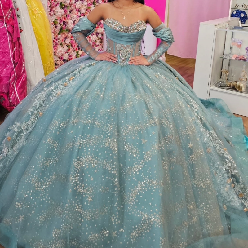 Water Blue Shiny Quinceanera Dresses Ball Gown Off Shoulder Applique Lace Beading Crystal Tull Corset Sweet 16 Dress Vestidos 15 De Anos
