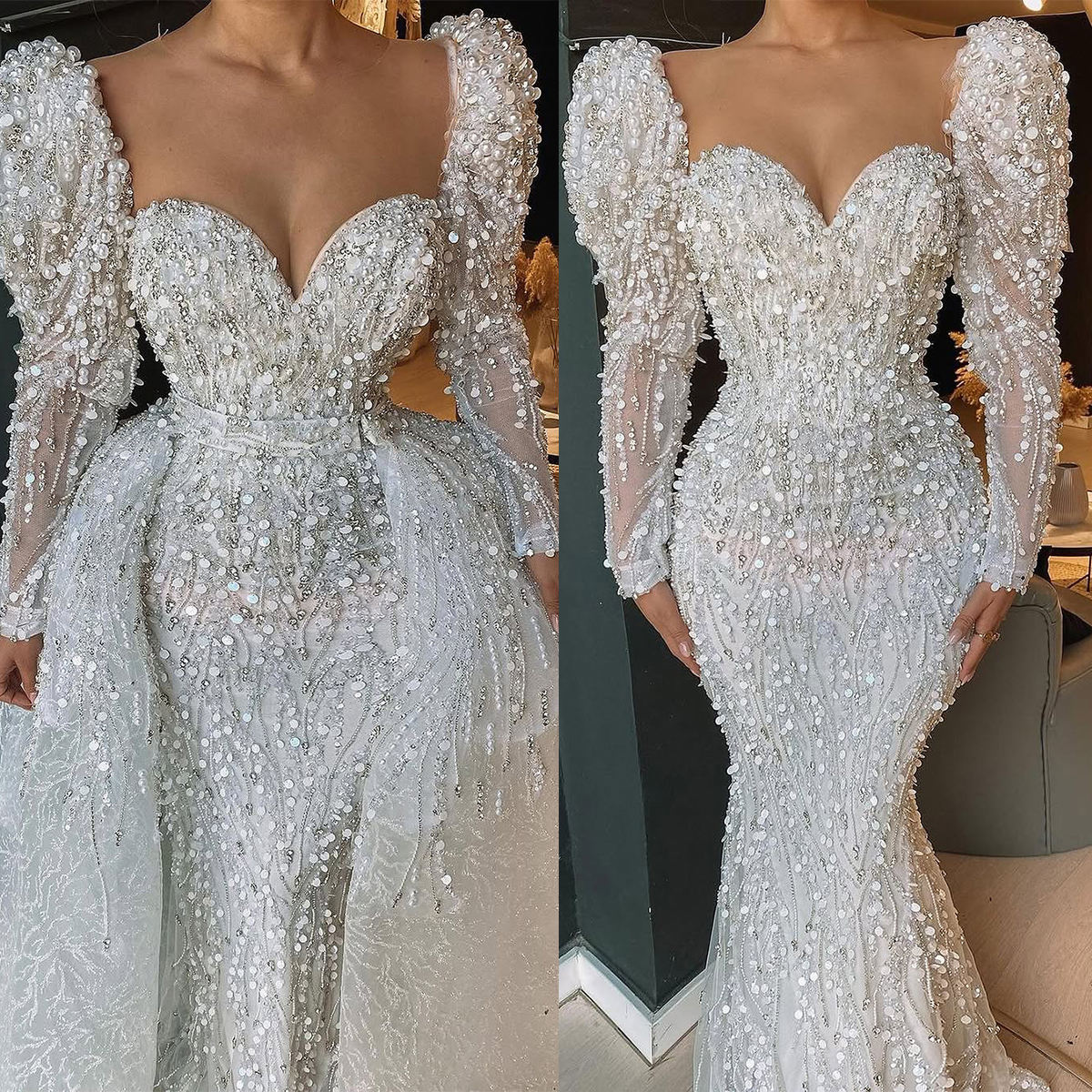 Graceful Pearls Wedding Dresses Sequins Mermaid Bridal Gowns with Overskirts Beading Customized Princess Long Sleeve Sweep Train Bride Dress Vestidos 
