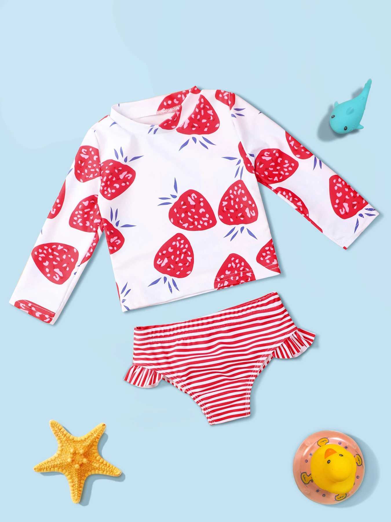 Baby Girls Two Piece Swimsuit Strawberry Print Swimwear Kids Swimming Clothing Long Sleeve Summer Beachwear Bathing Suit X250224